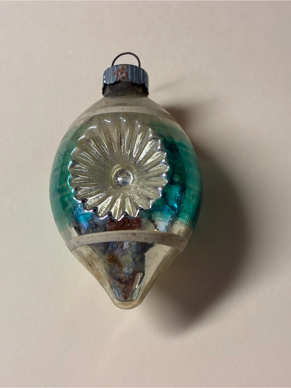 Shimmering Teardrop Glass Ornament in Aqua and Silver